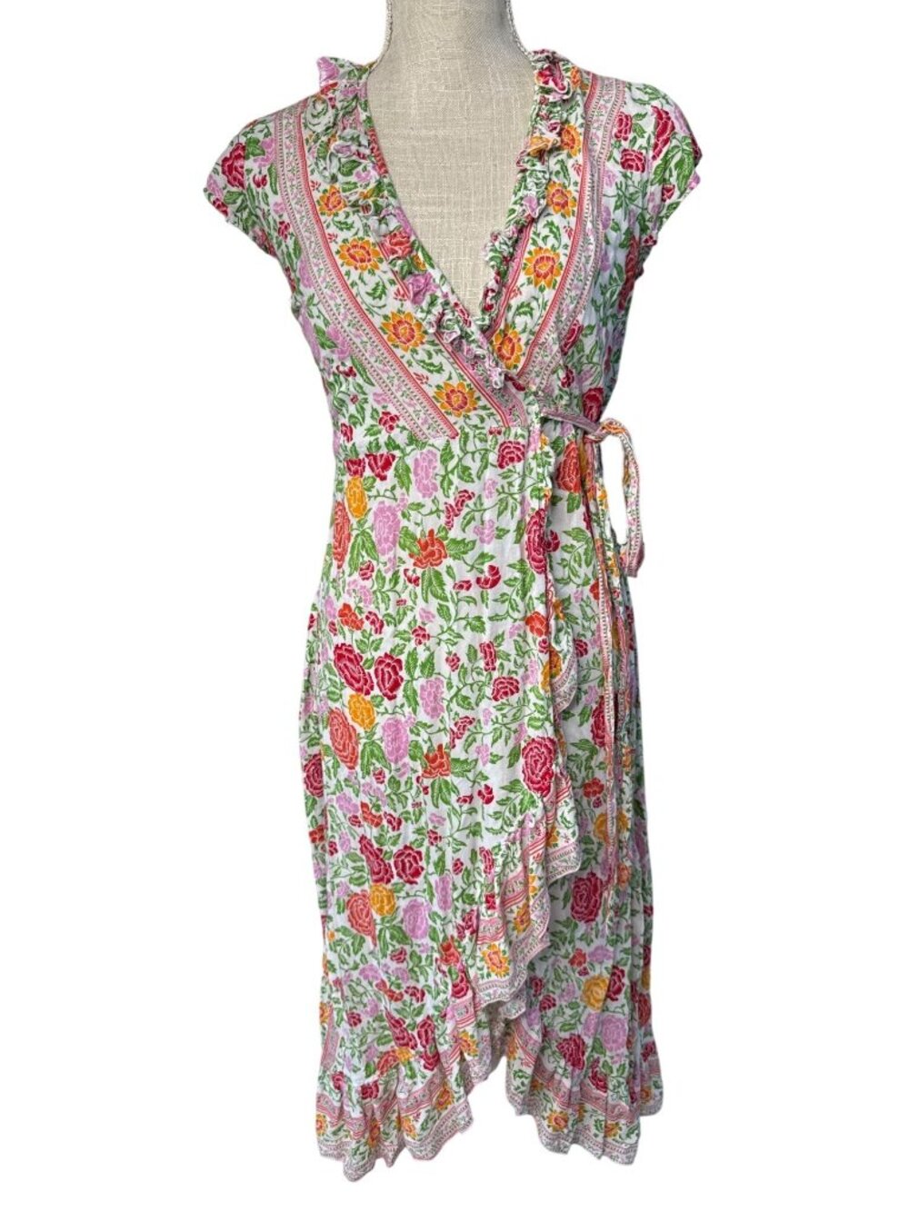 Walker & Wade Floral Wrap Dress Ruffle Trim Boho Multicolor Roses Lightweight XS